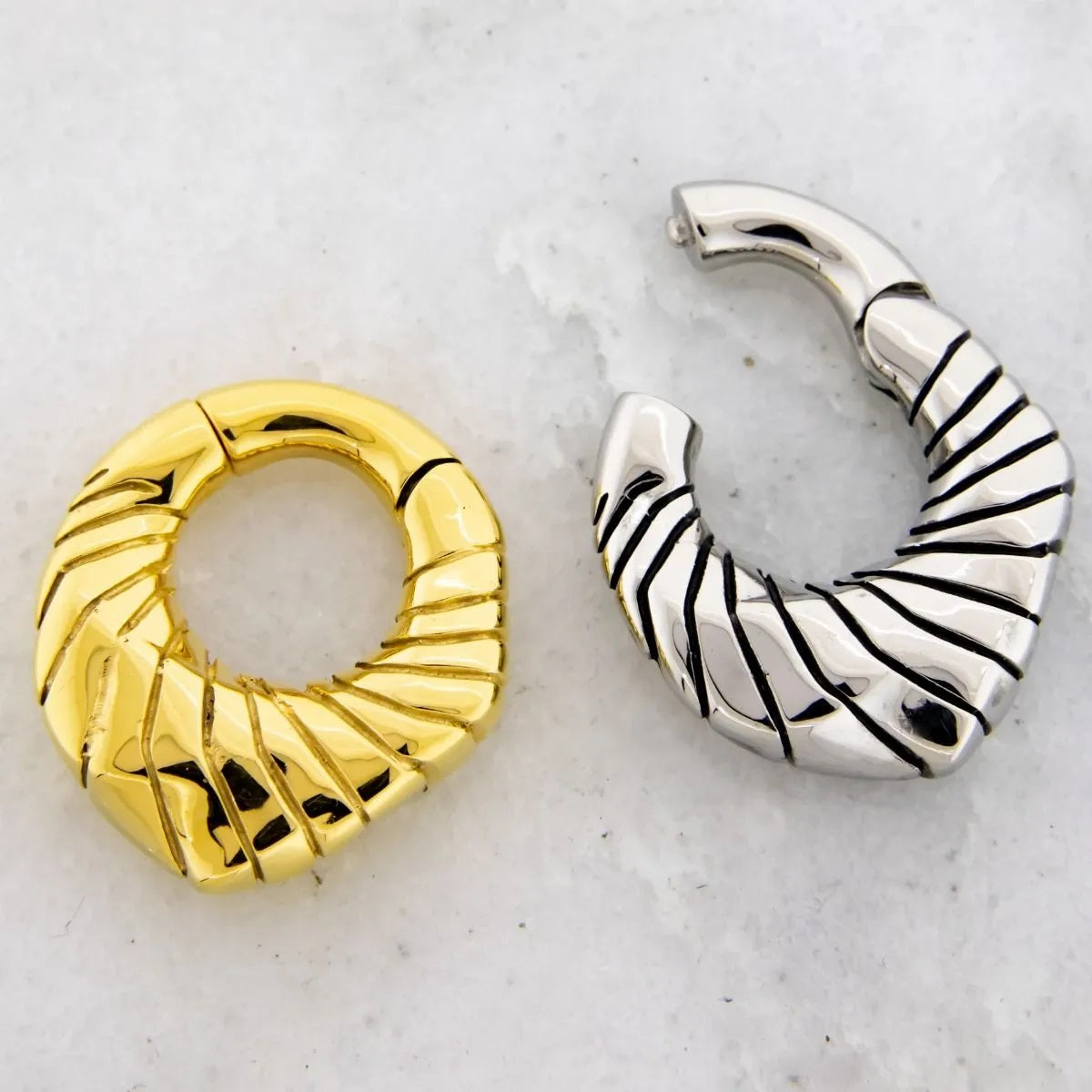 Ripple Texture Design Pointed Hinged Clicker Rings for Stretched Piercings - Pair - 316L Stainless Steel
