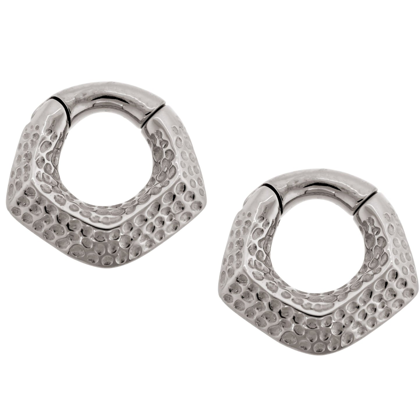 Hammered V-Shaped Hinged Clicker Rings for Stretched Piercings - Pair - 316L Stainless Steel