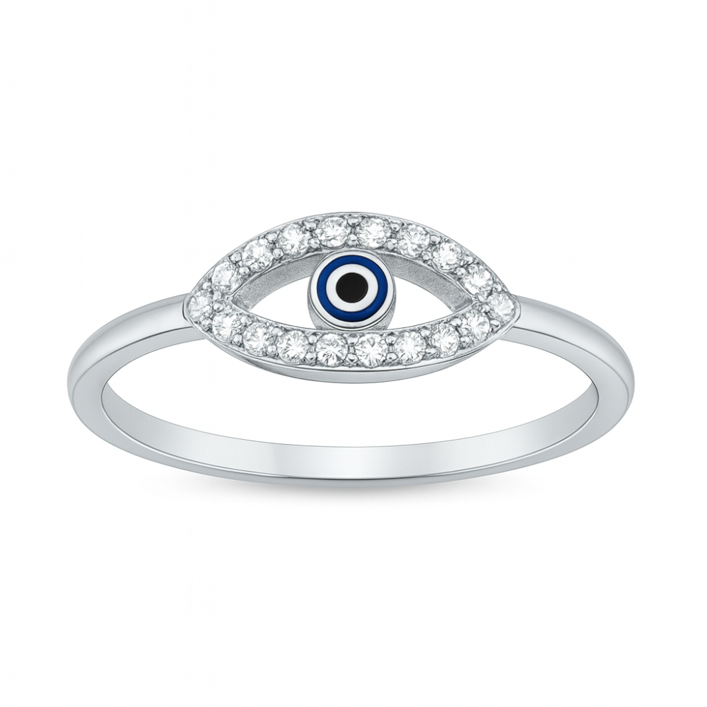 CZ Crystal Evil Eye Ring - Rhodium Plated 925 Sterling Silver