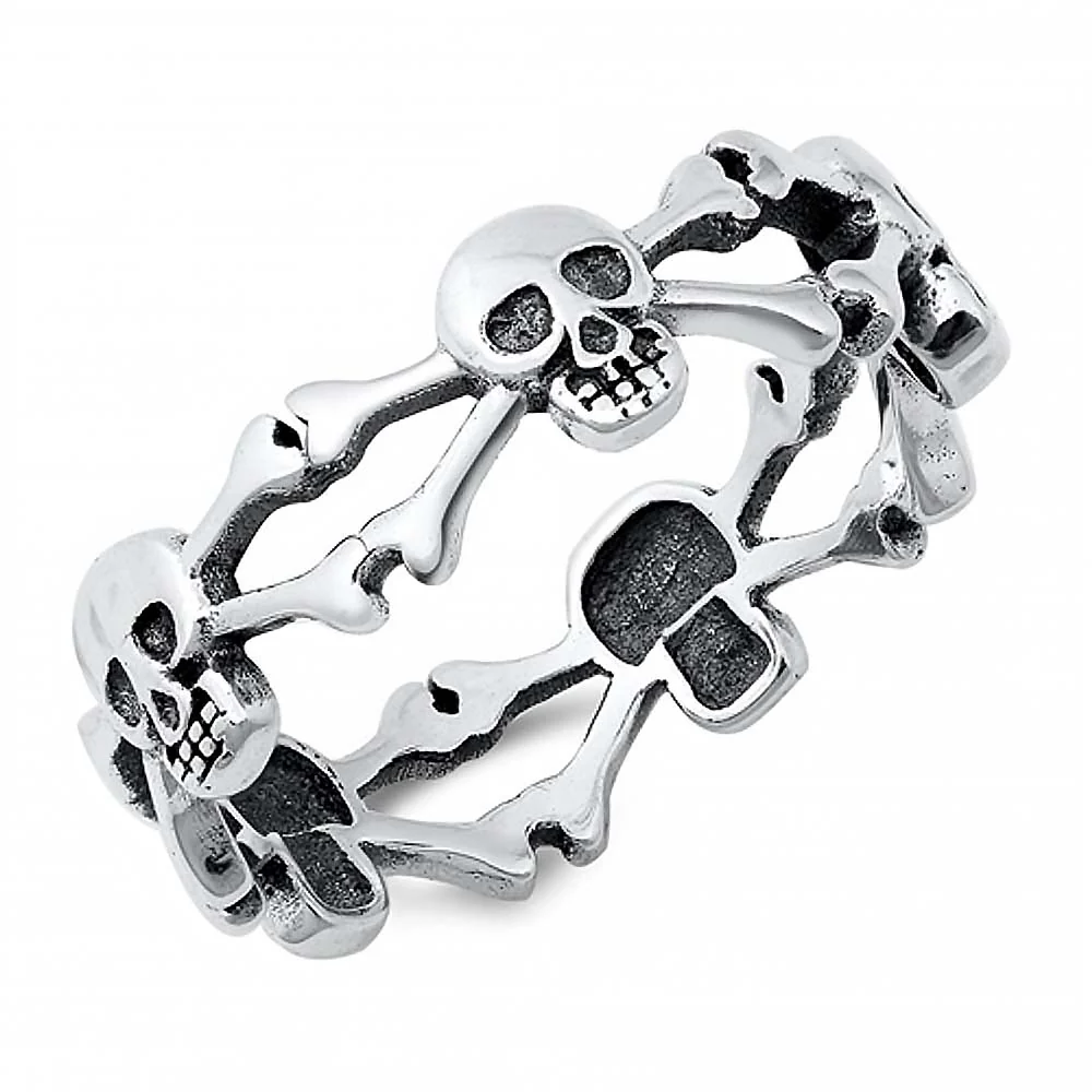 Skull and Crossbones Lined Ring - Oxidized 925 Sterling Silver
