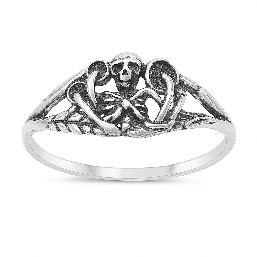 Skeleton and Mushrooms Ring - Oxidized 925 Sterling Silver
