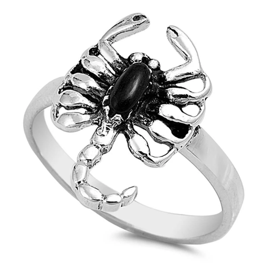 Black Stone Inlaid Scorpion Ring - 925 Sterling Silver