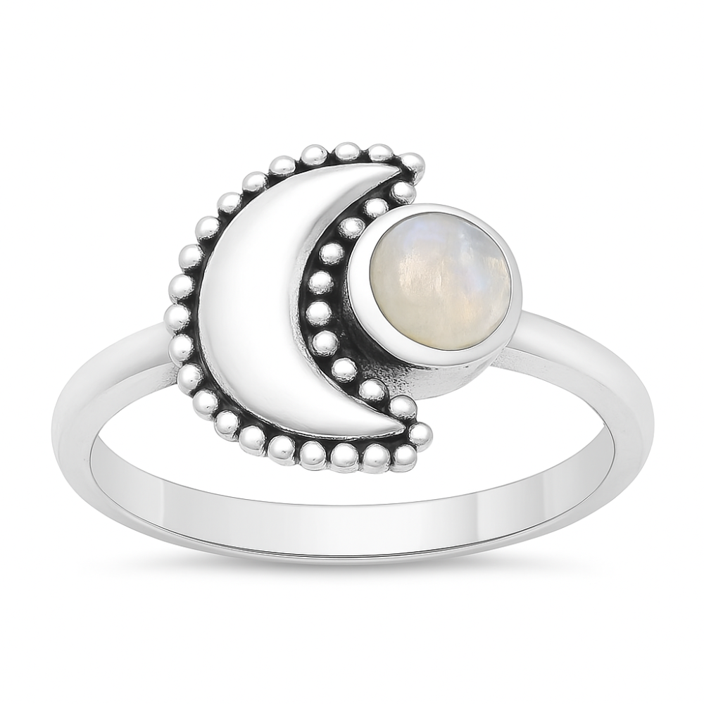 Crescent Moon Moonstone Ring - Oxidized 925 Sterling Silver