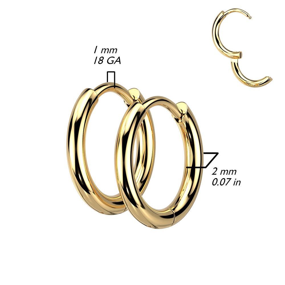 2mm Thick Hinged Round Hoop Earrings - 316L Stainless Steel - Pair