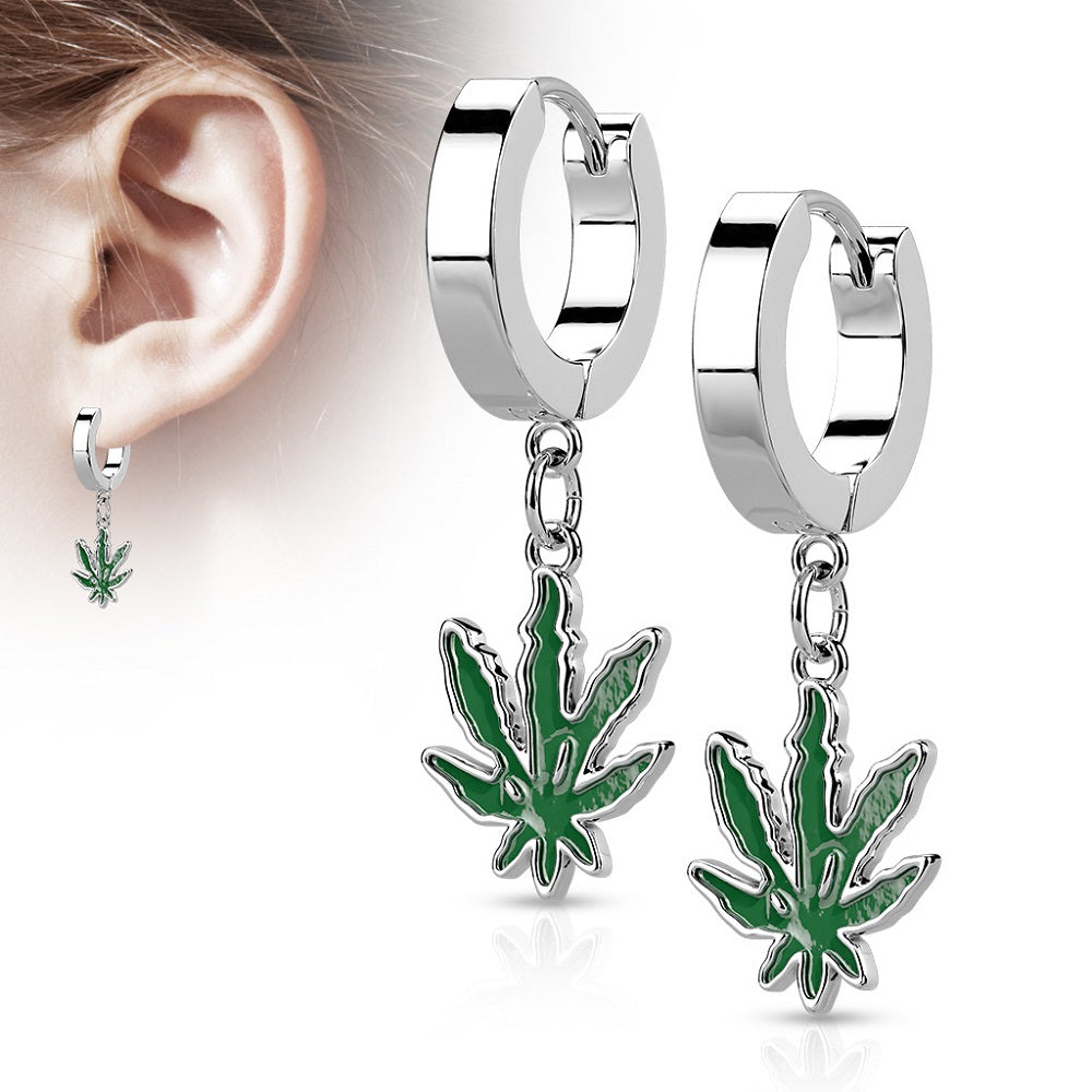 Pot Leaf Dangling Hoop Earrings - 316L Stainless Steel - Pair