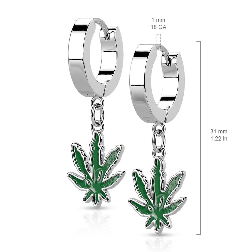 Pot Leaf Dangling Hoop Earrings - 316L Stainless Steel - Pair