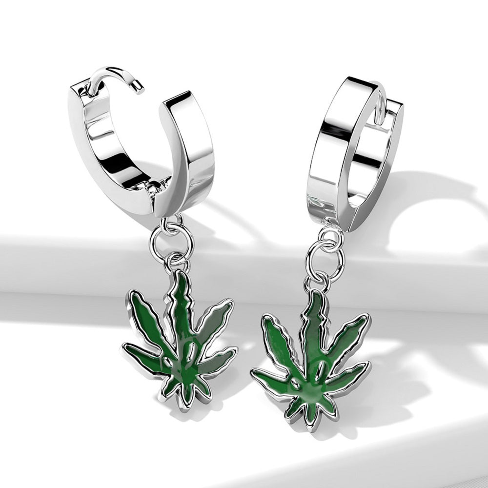 Pot Leaf Dangling Hoop Earrings - 316L Stainless Steel - Pair