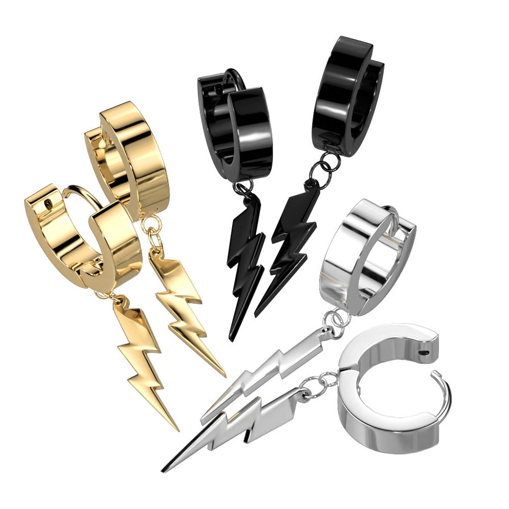 Lightning Bolt Dangling Huggie Hinged Hoop Earrings - 316L Stainless Steel - Pair