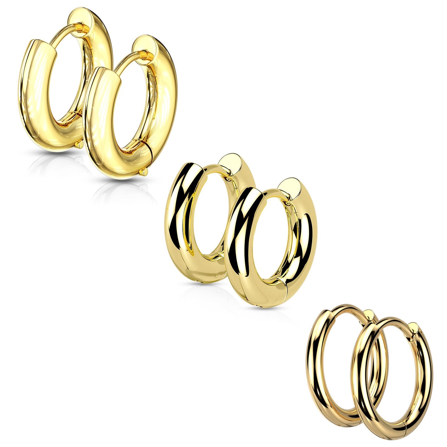 Set of 3 Pairs of Classic Round Hinged Huggie Hoop Earrings - 316L Stainless Steel