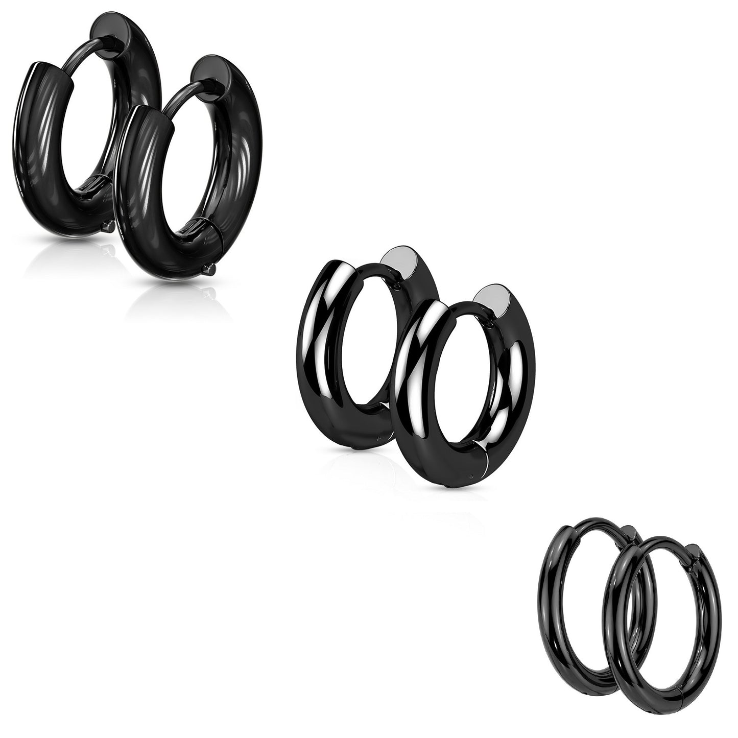 Set of 3 Pairs of Classic Round Hinged Huggie Hoop Earrings - 316L Stainless Steel