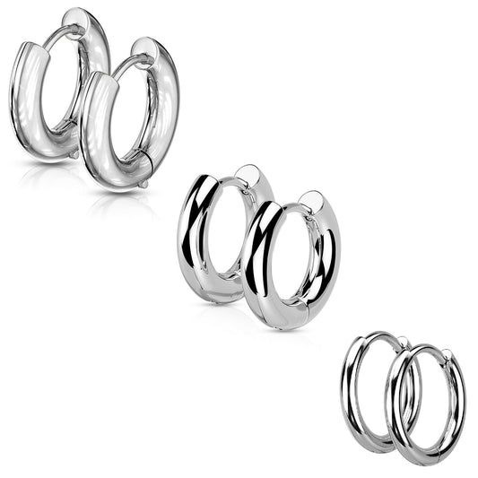 Set of 3 Pairs of Classic Round Hinged Huggie Hoop Earrings - 316L Stainless Steel