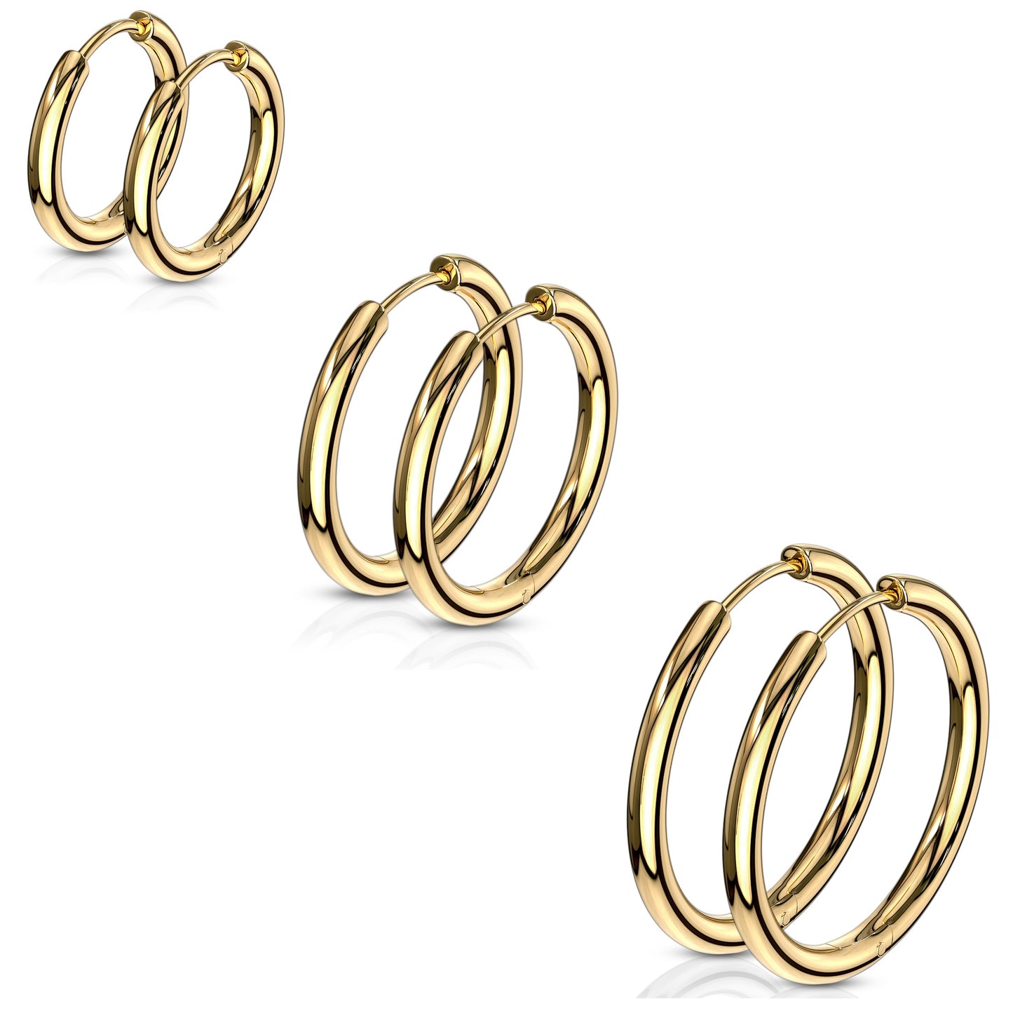 Set of 3 Pairs of 2.5mm Thick Round Hinged Hoop Earrings - 316L Stainless Steel