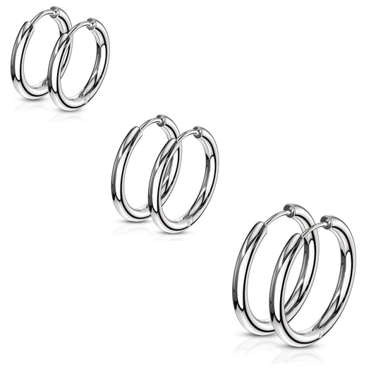 Set of 3 Pairs of 2.5mm Thick Round Hinged Hoop Earrings - 316L Stainless Steel