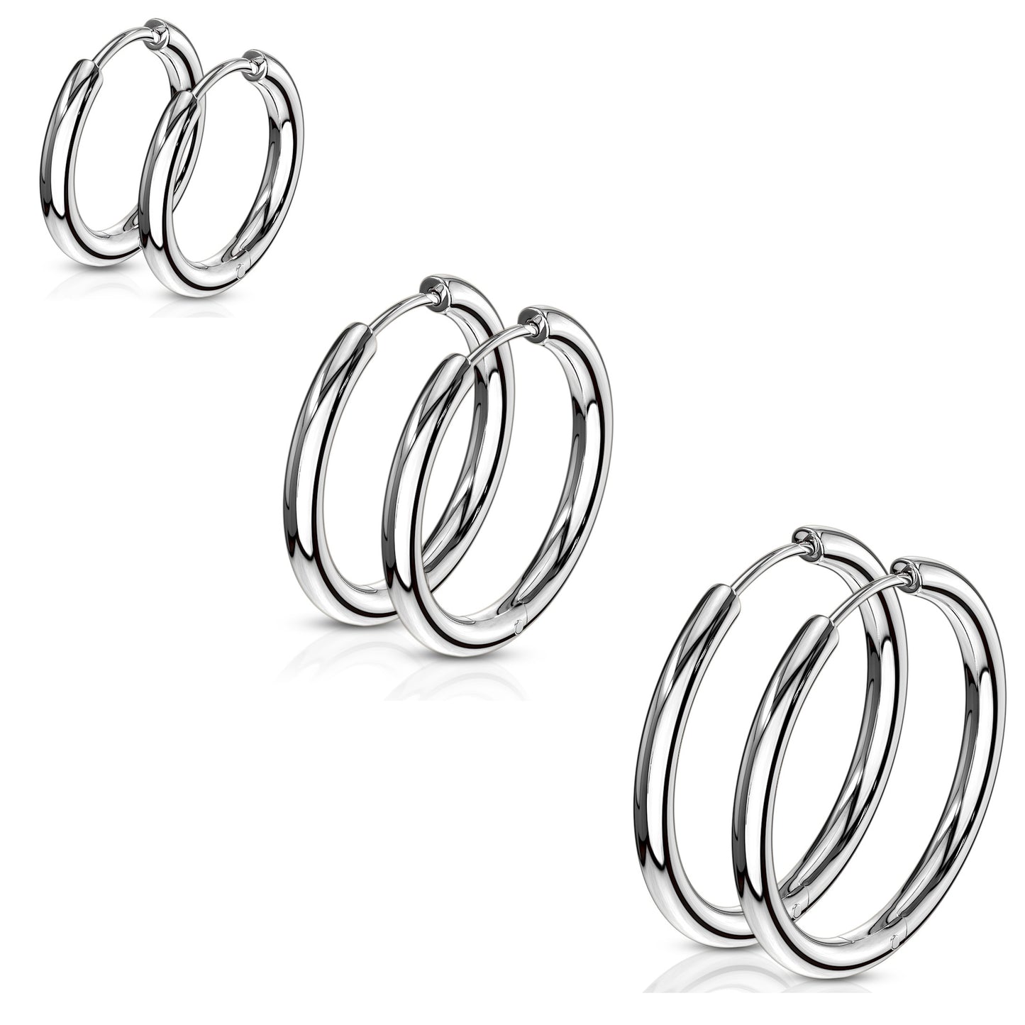 Set of 3 Pairs of 2.5mm Thick Round Hinged Hoop Earrings - 316L Stainless Steel