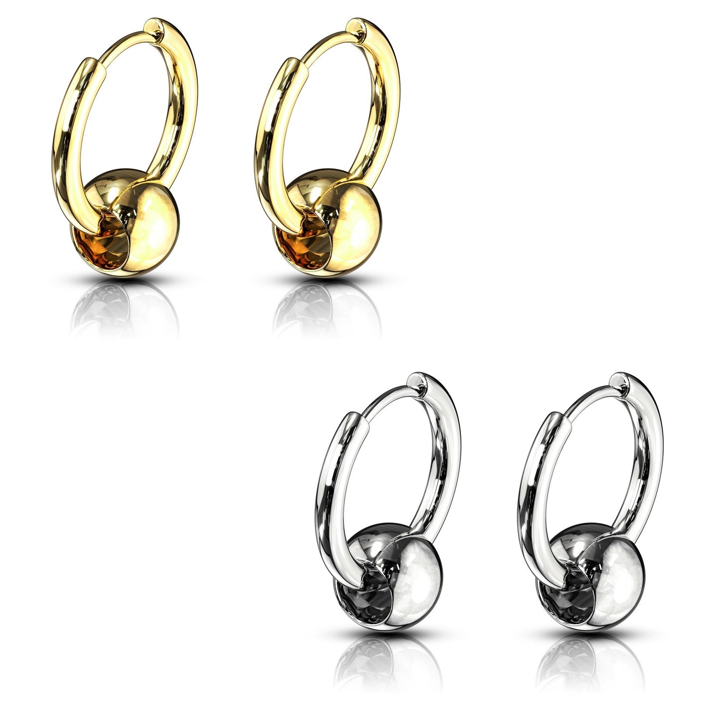 Set of 2 Pairs of Faux Captive Bead Hinged Hoop Earrings - 316L Stainless Steel