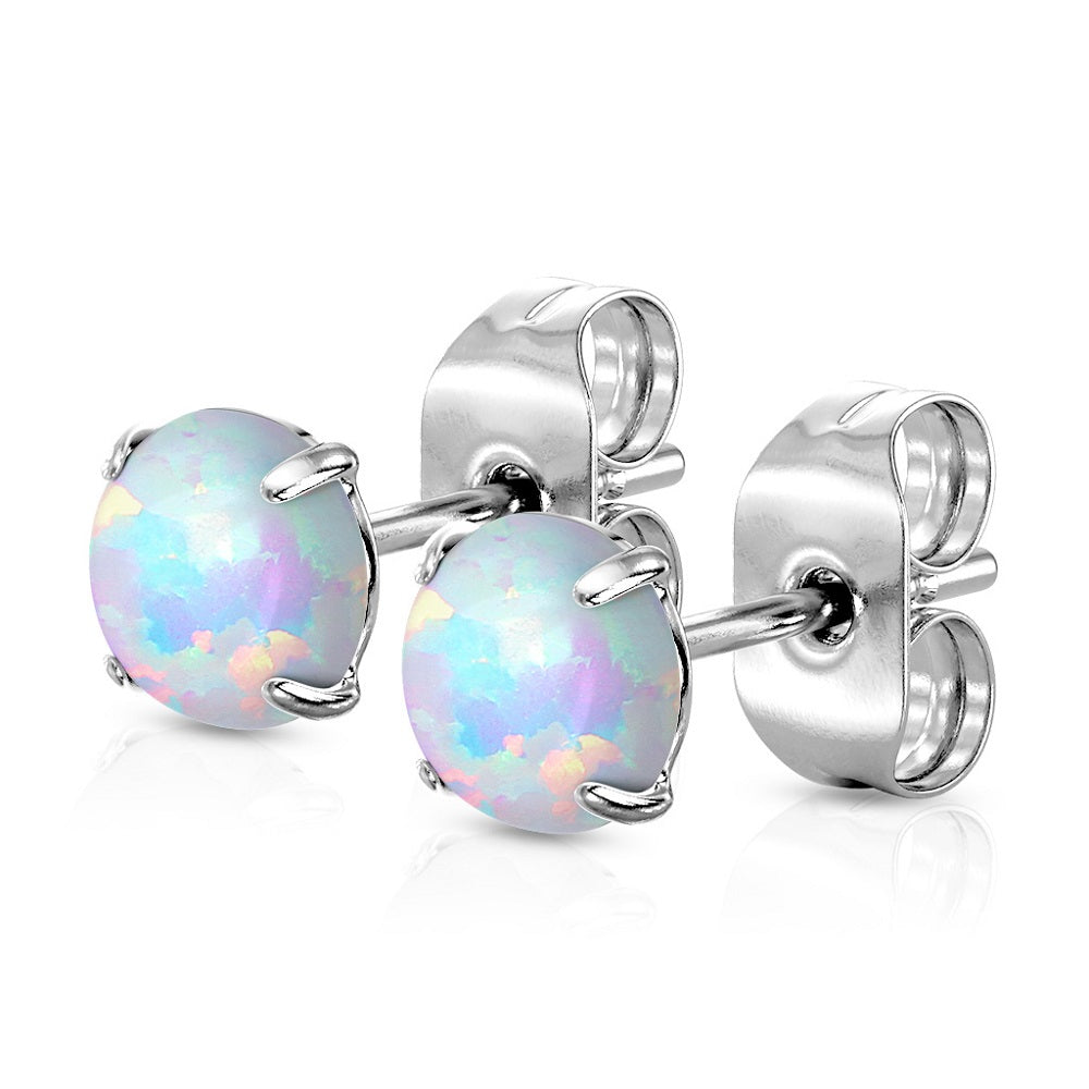 Prong Set Synthetic Opal Stud Earrings - 316L Stainless Steel