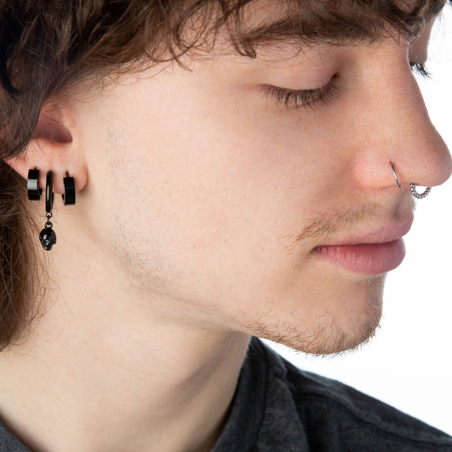 Black Skull Dangling Hoop Earrings - 316L Stainless Steel