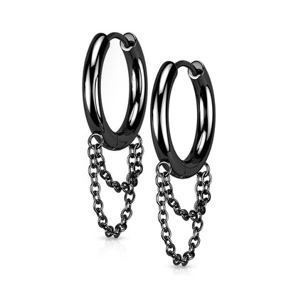 Dangling Double Chains Hinged Hoop Earrings - 316L Stainless Steel