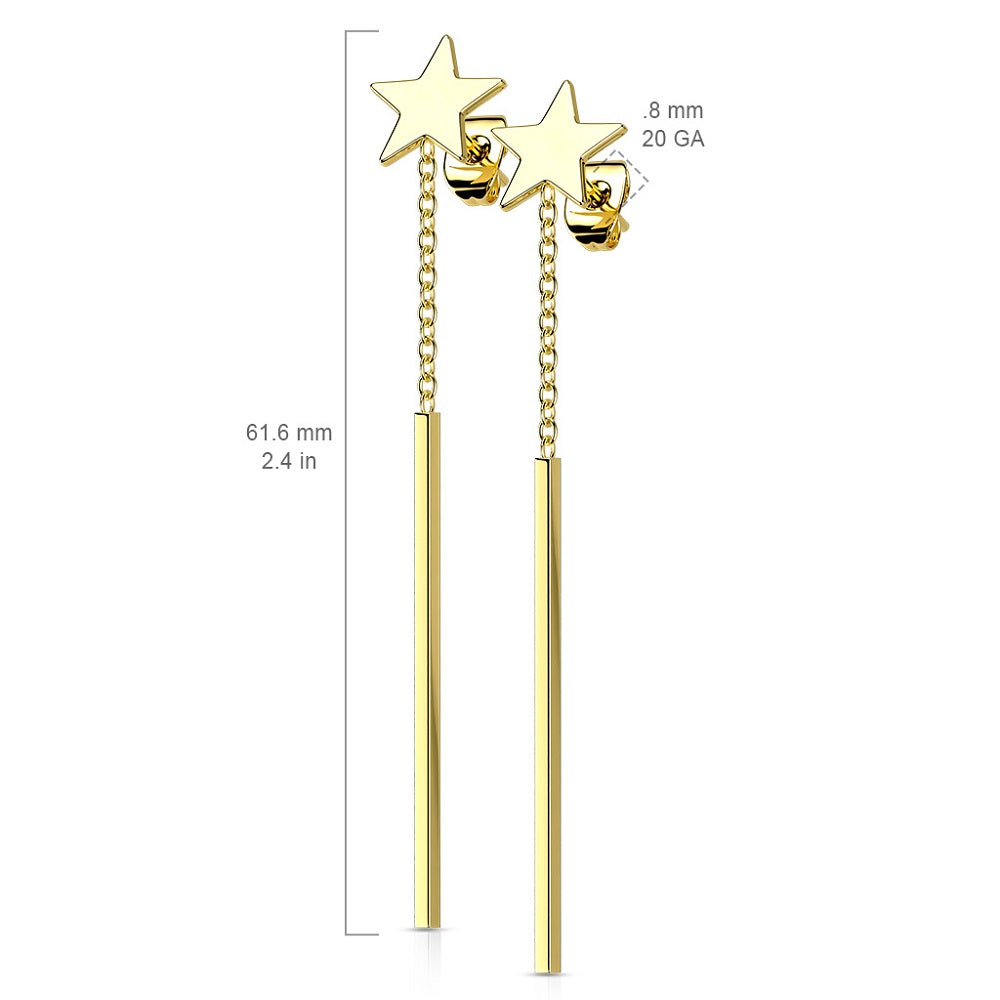 Star Stud with Dangling Rectangular Bar Earrings - 316L Stainless Steel