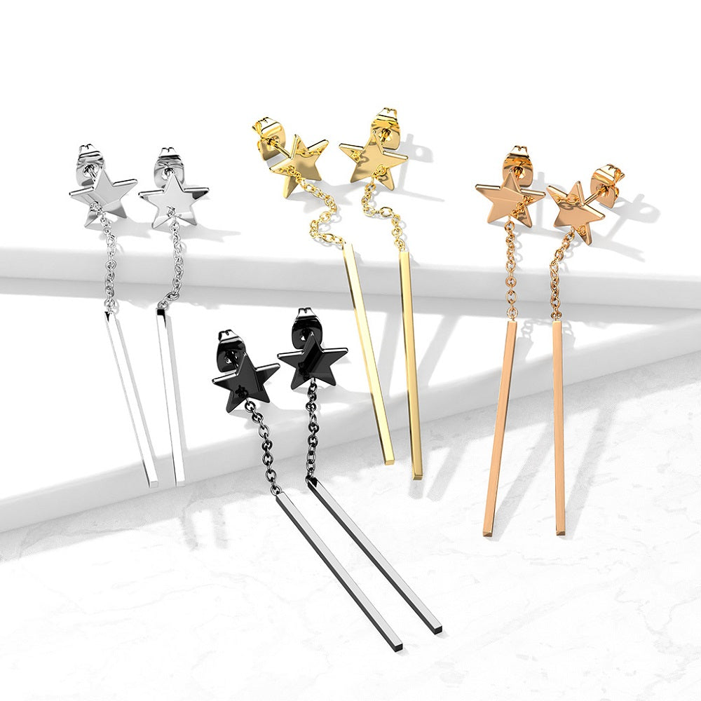 Star Stud with Dangling Rectangular Bar Earrings - 316L Stainless Steel
