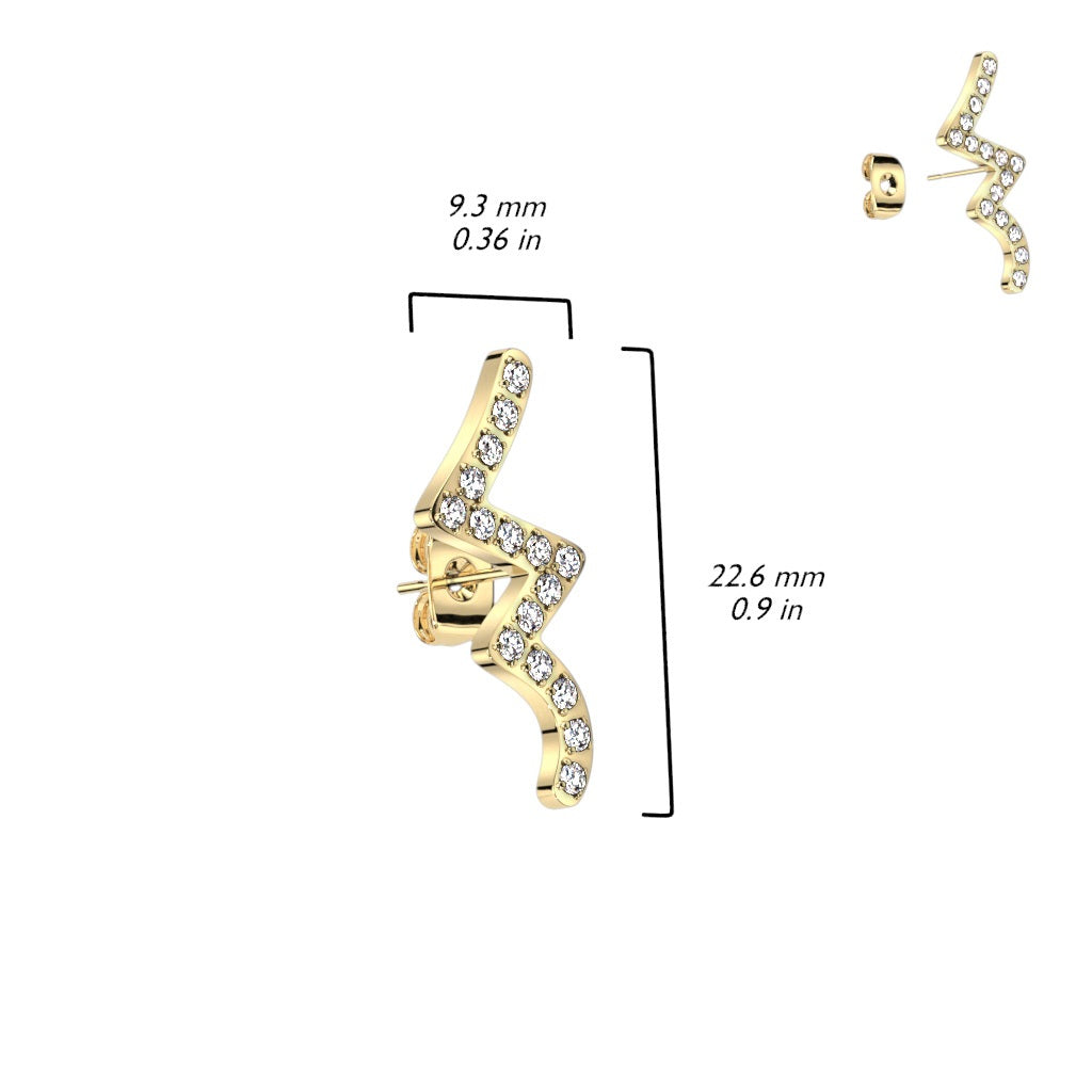 CZ Crystal Lined Wave Stud Earrings - 316L Stainless Steel