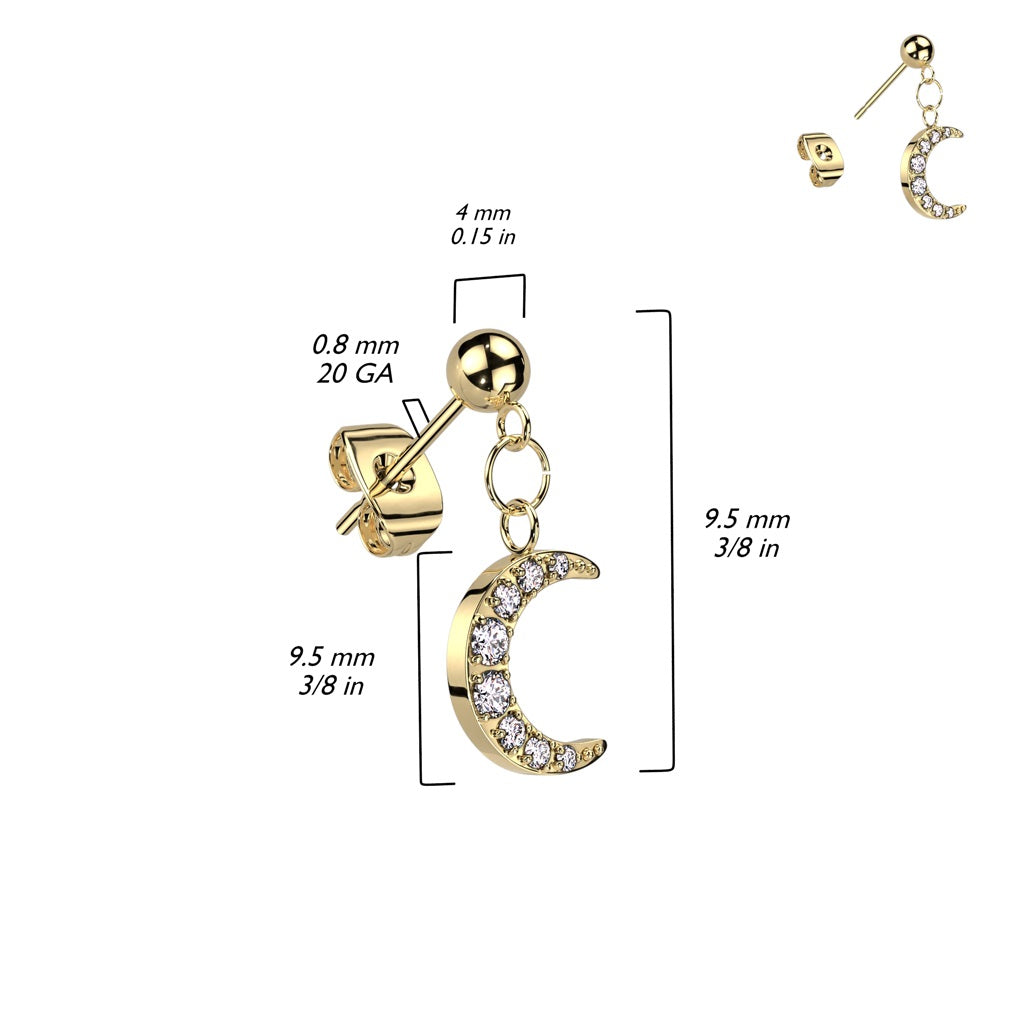 CZ Crystal Crescent Moon Ball Stud Dangling Earrings - 316L Stainless Steel