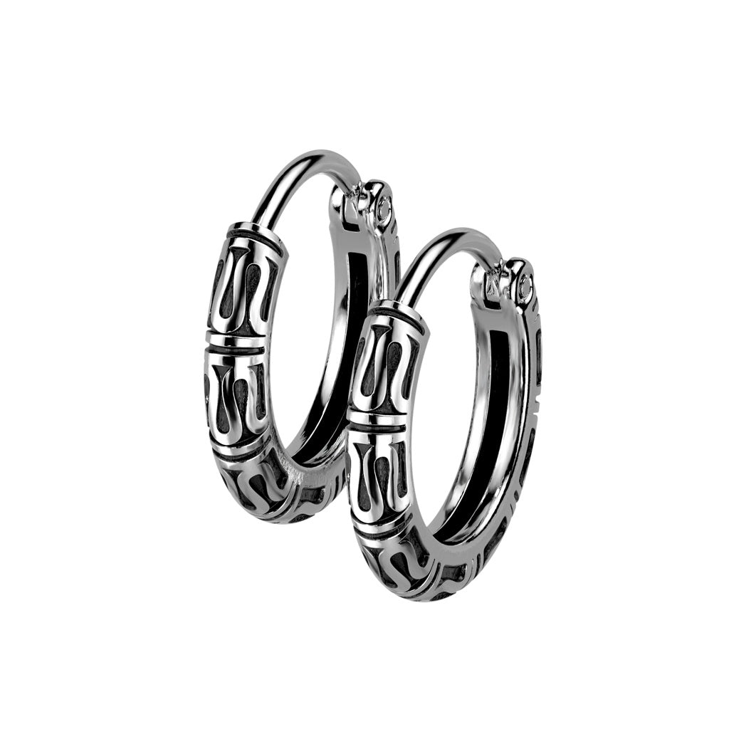 Tribal Casted Hinged Hoop Earrings - 316L Stainless Steel - Pair