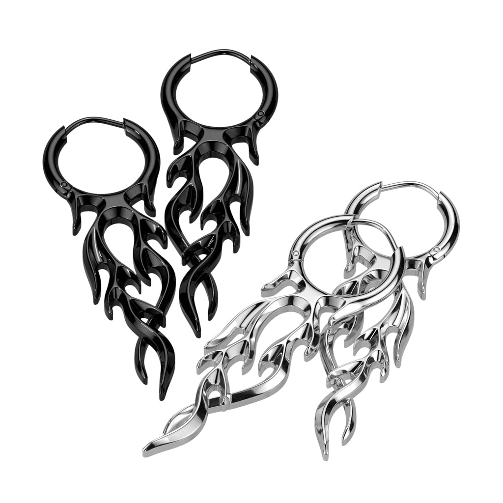Flame Hinged Hoop Dangling Earrings - 316L Stainless Steel
