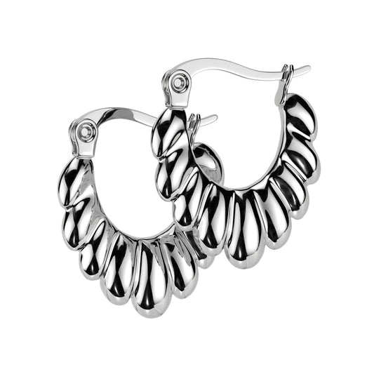Scalloped Oval Hoop Earrings - Pair - 316L Stainless Steel