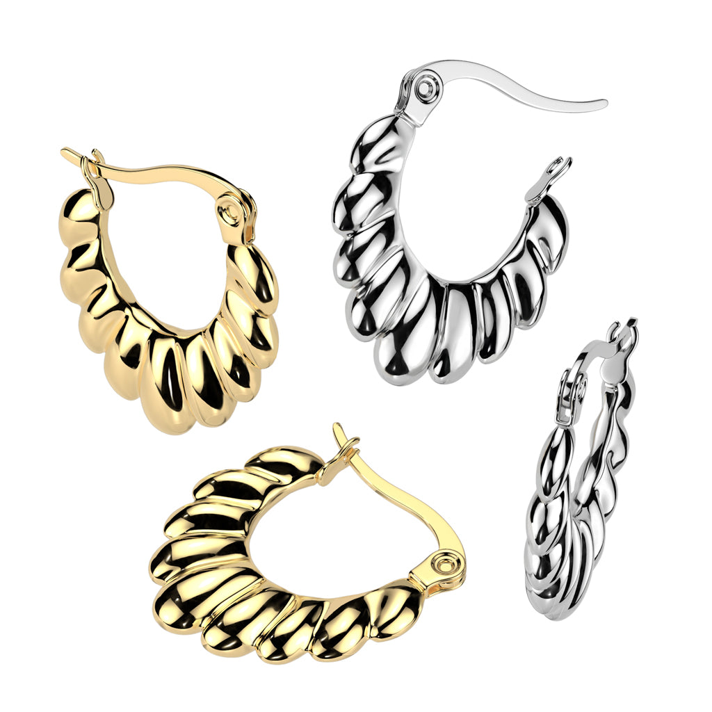 Scalloped Oval Hoop Earrings - Pair - 316L Stainless Steel