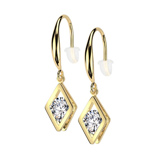 CZ Crystal Hollow Diamond Shaped Dangling Earrings - Pair - 316L Stainless Steel