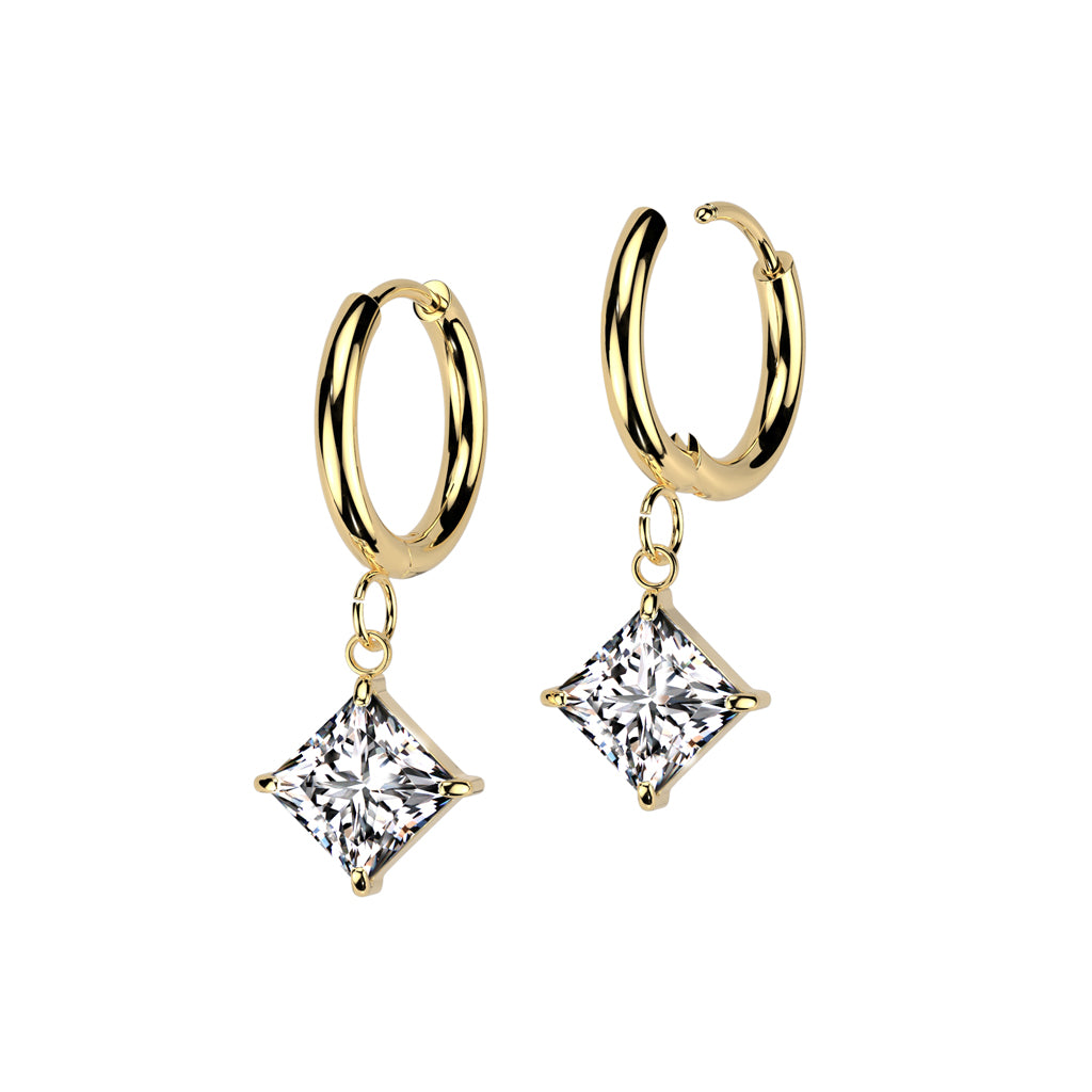 Diamond Shaped CZ Crystal Dangling Huggie Hoop Earrings - Pair - 316L Stainless Steel