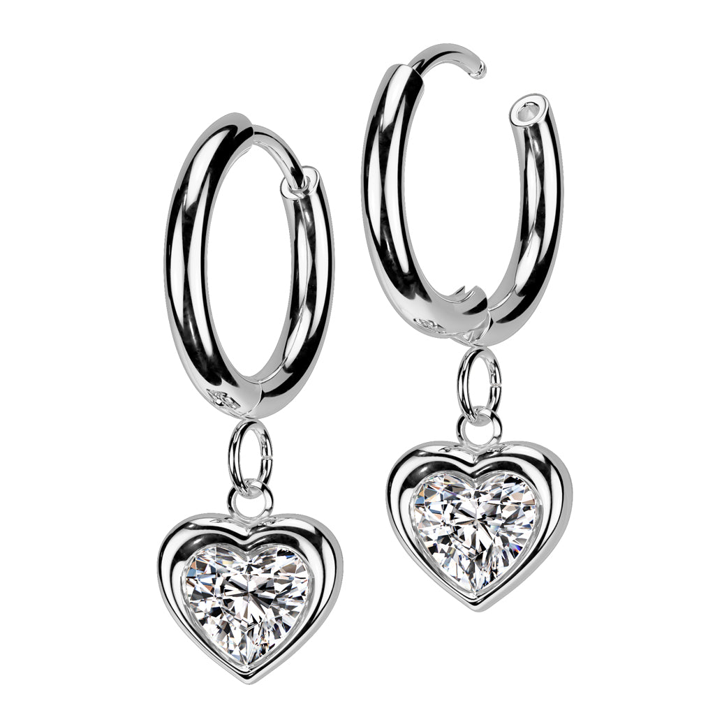 CZ Crystal Heart Dangling Huggie Hoop Earrings - Pair - 316L Stainless Steel