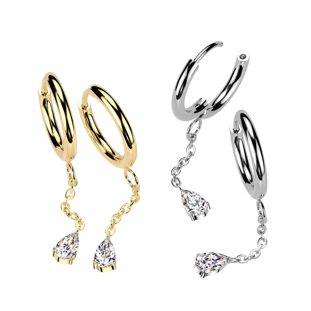 Teardrop CZ Crystal Dangling Hinged Hoop Earrings - Pair - 316L Stainless Steel