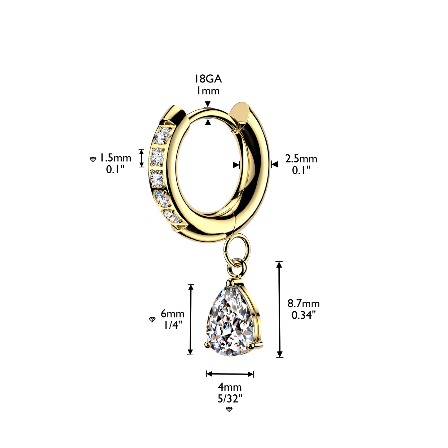 CZ Dangling Teardrop Hinged Huggie Hoop Earrings - Pair - 316L Stainless Steel