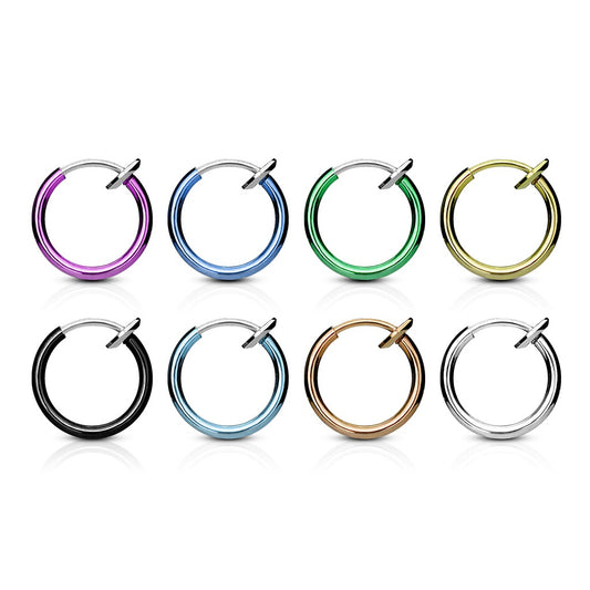 Set of 8 Spring Action Non Piercing Septum, Ear, or Nose Hoop Rings - Titanium IP 316L Stainless Steel