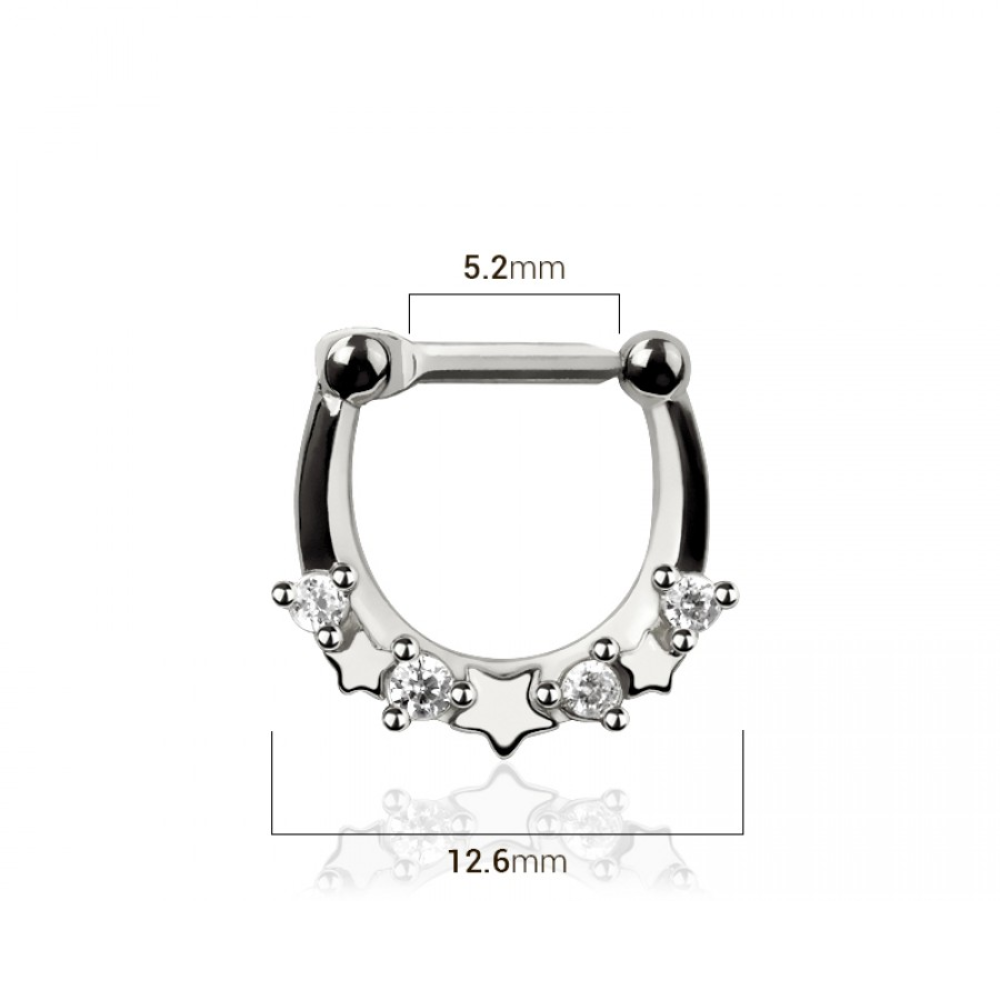 CZ Crystal and Star Lined Septum Clicker Ring - 316L Stainless Steel