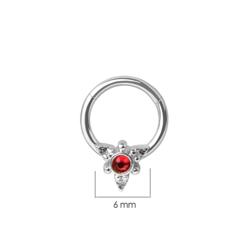 Red CZ Crystal Center Hinged Segment Clicker Ring - 316L Stainless Steel