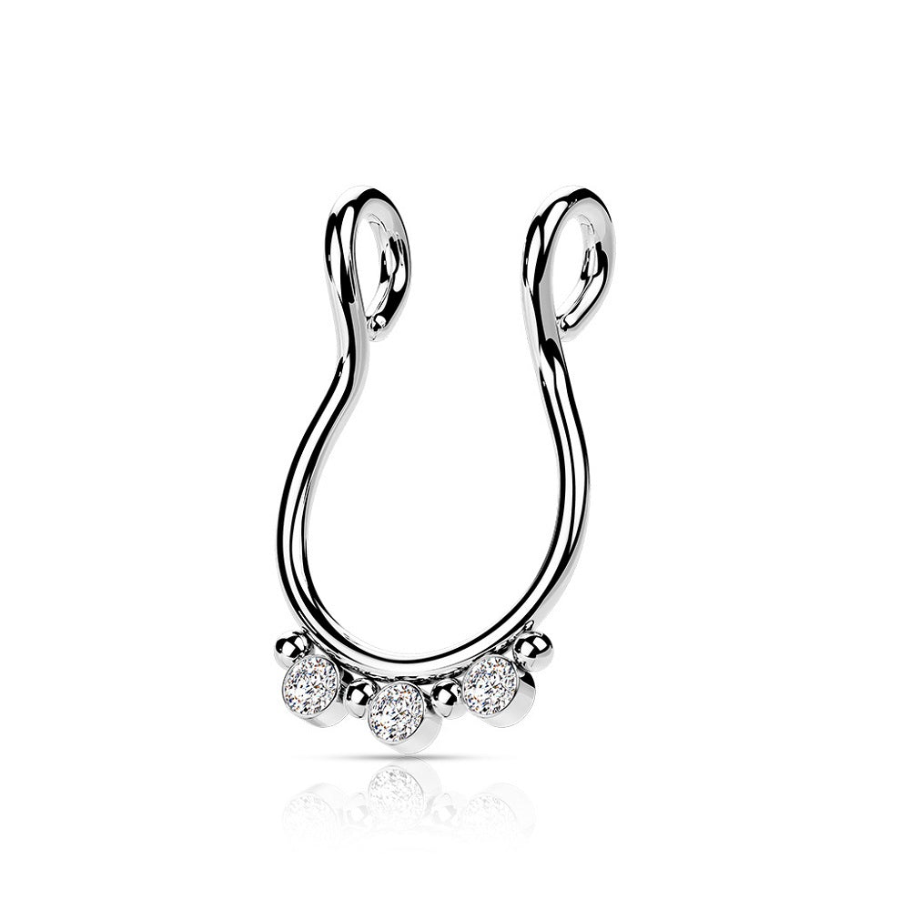 CZ Crystal and Ball Lined Fake Septum Ring - 316L Stainless Steel