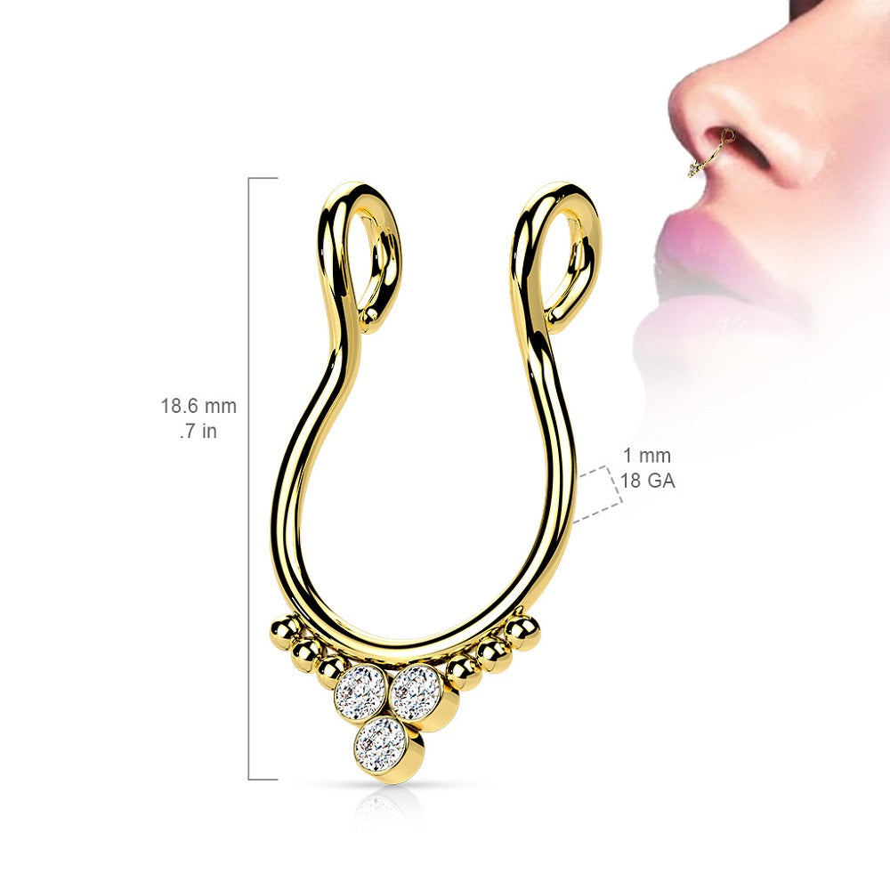 Triple CZ Crystal and Ball Clusters Fake Septum Ring - 316L Stainless Steel