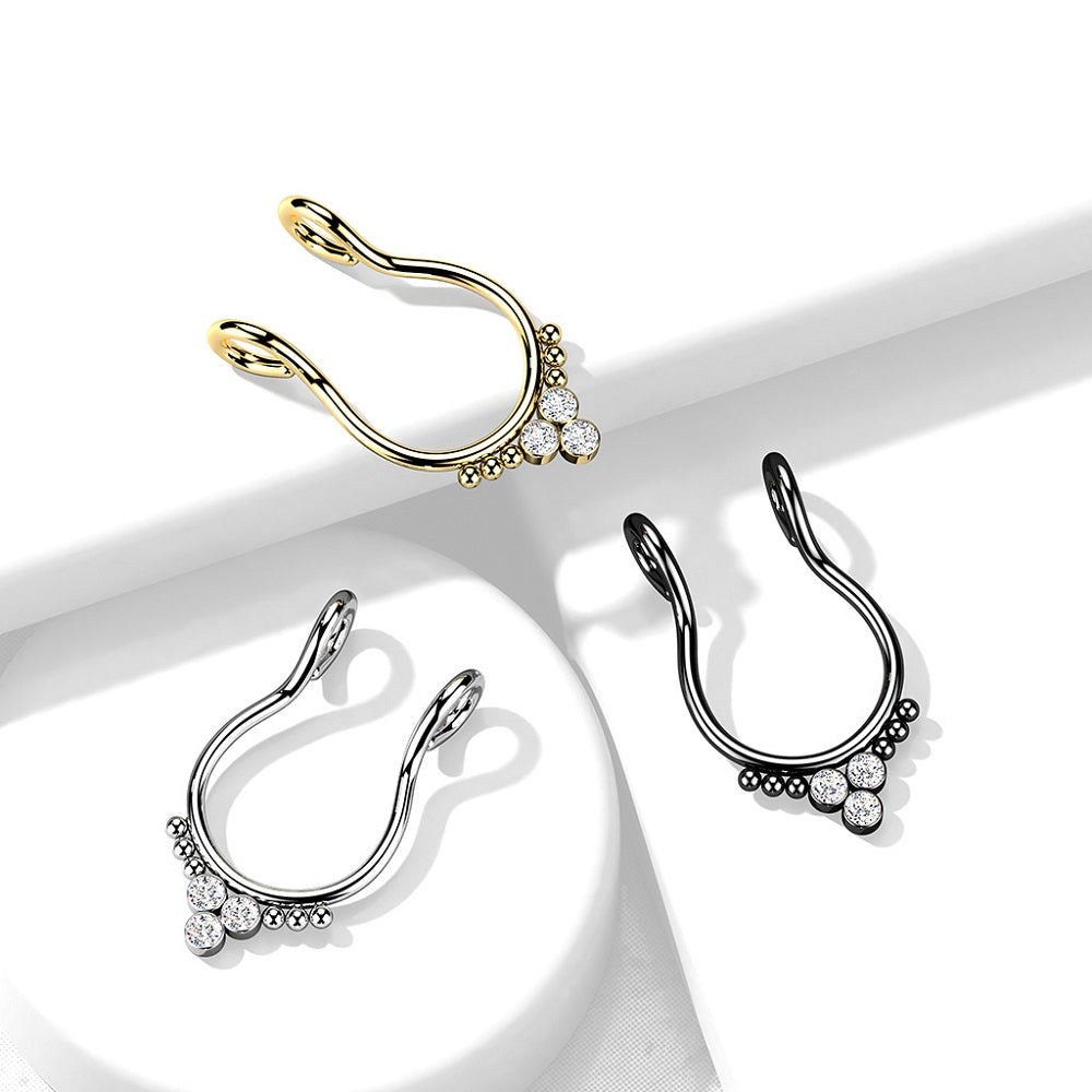 Triple CZ Crystal and Ball Clusters Fake Septum Ring - 316L Stainless Steel