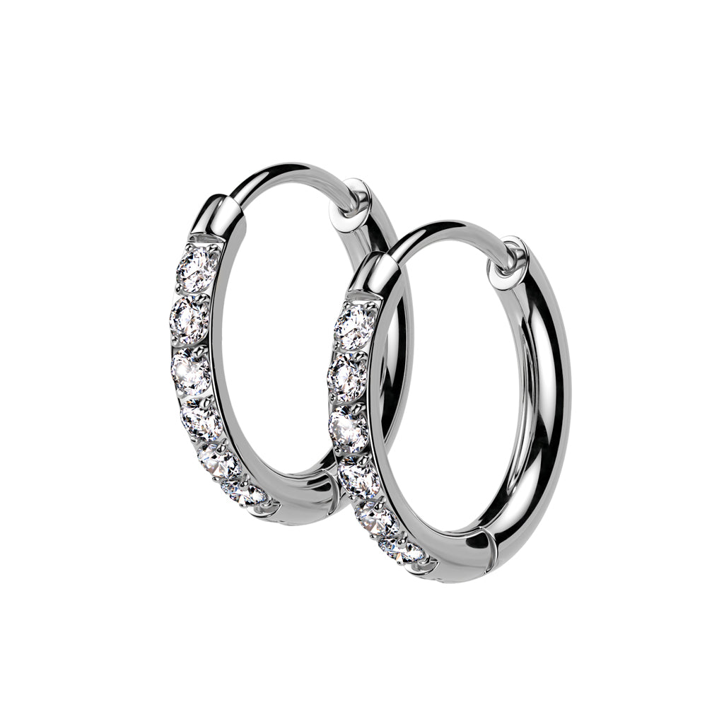 CZ Crystal Lined 2mm Thin Hinged Huggie Hoop Earrings - Pair - 316L Stainless Steel