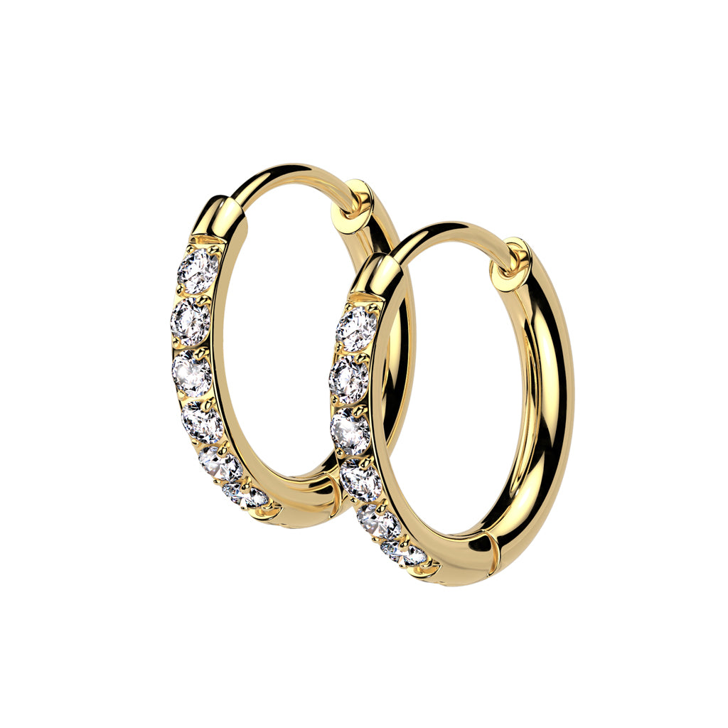 CZ Crystal Lined 2mm Thin Hinged Huggie Hoop Earrings - Pair - 316L Stainless Steel