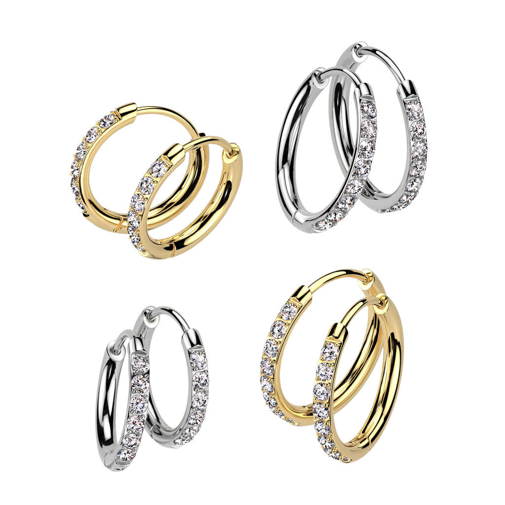 CZ Crystal Lined 2mm Thin Hinged Huggie Hoop Earrings - Pair - 316L Stainless Steel