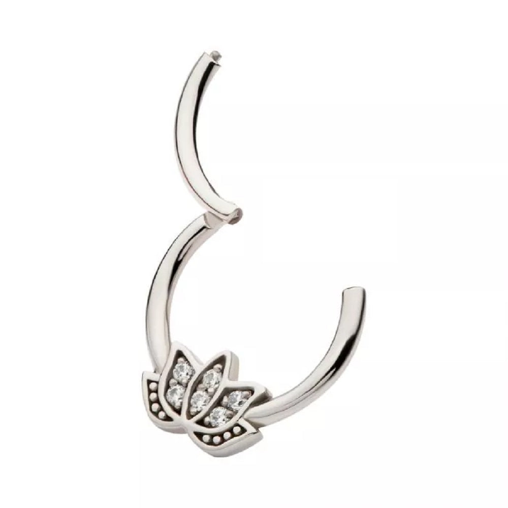 CZ Crystal Lotus Flower Front Facing Hinged Segment Ring - 316L Stainless Steel