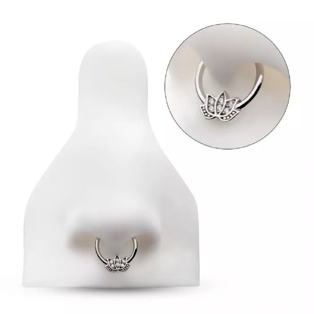 CZ Crystal Lotus Flower Front Facing Hinged Segment Ring - 316L Stainless Steel