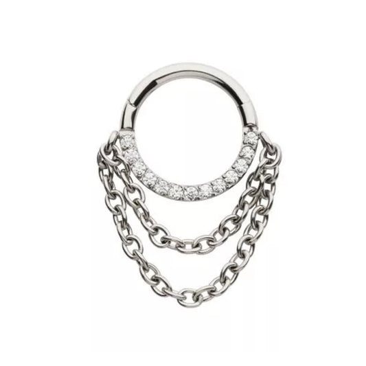 CZ Crystal Lined Hoop with Double Dangling Chains Hinged Segment Ring - 316L Stainless Steel