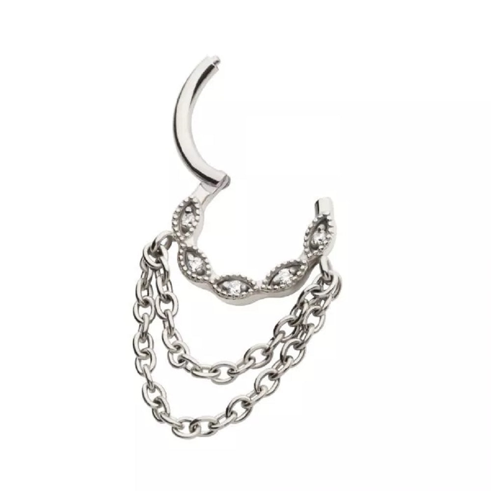 Marquise Shaped CZ Crystal Lined Hoop with Double Dangling Chains Hinged Segment Ring - 316L Stainless Steel