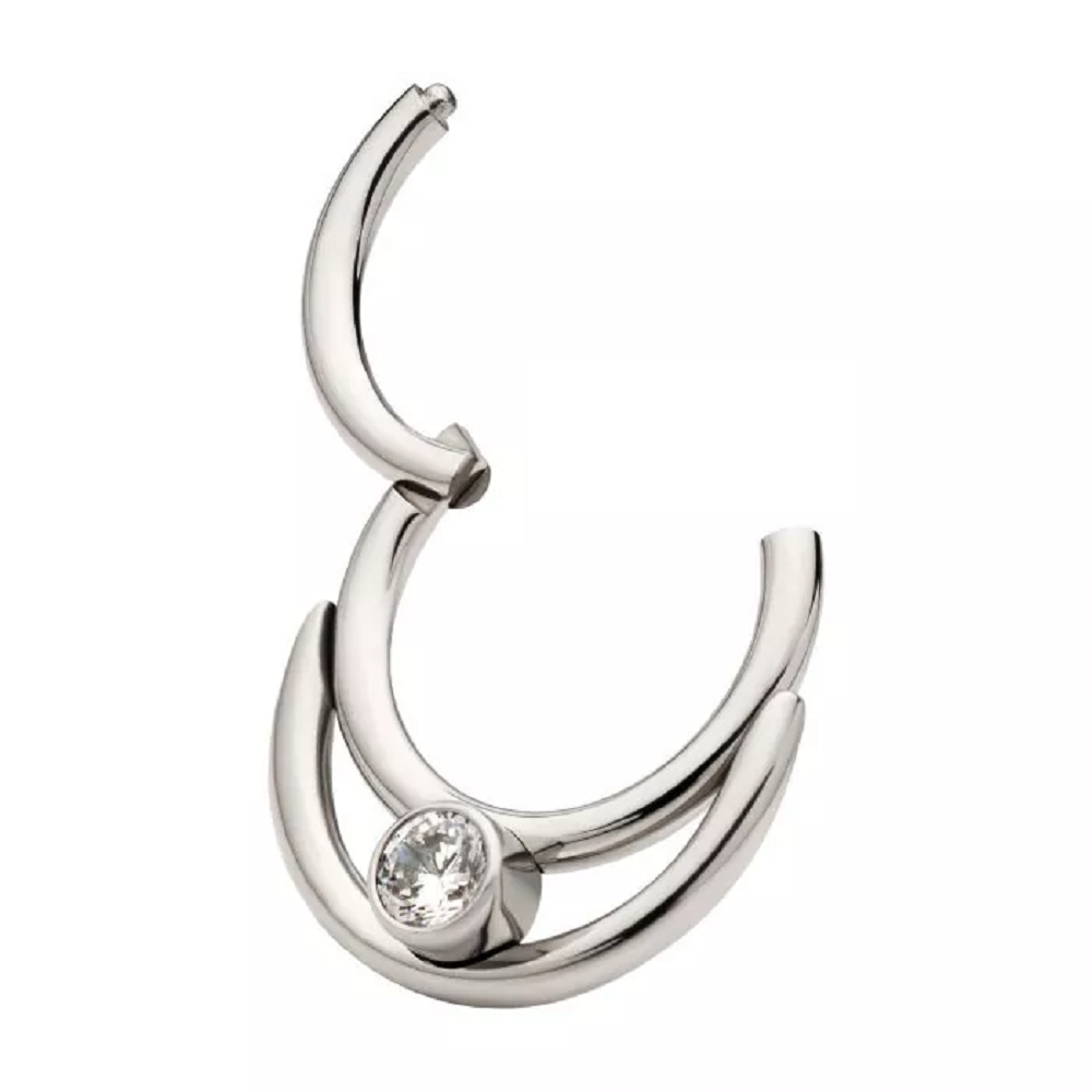 Double Hoop with Round CZ Crystal Center Hinged Segment Ring - 316L Stainless Steel