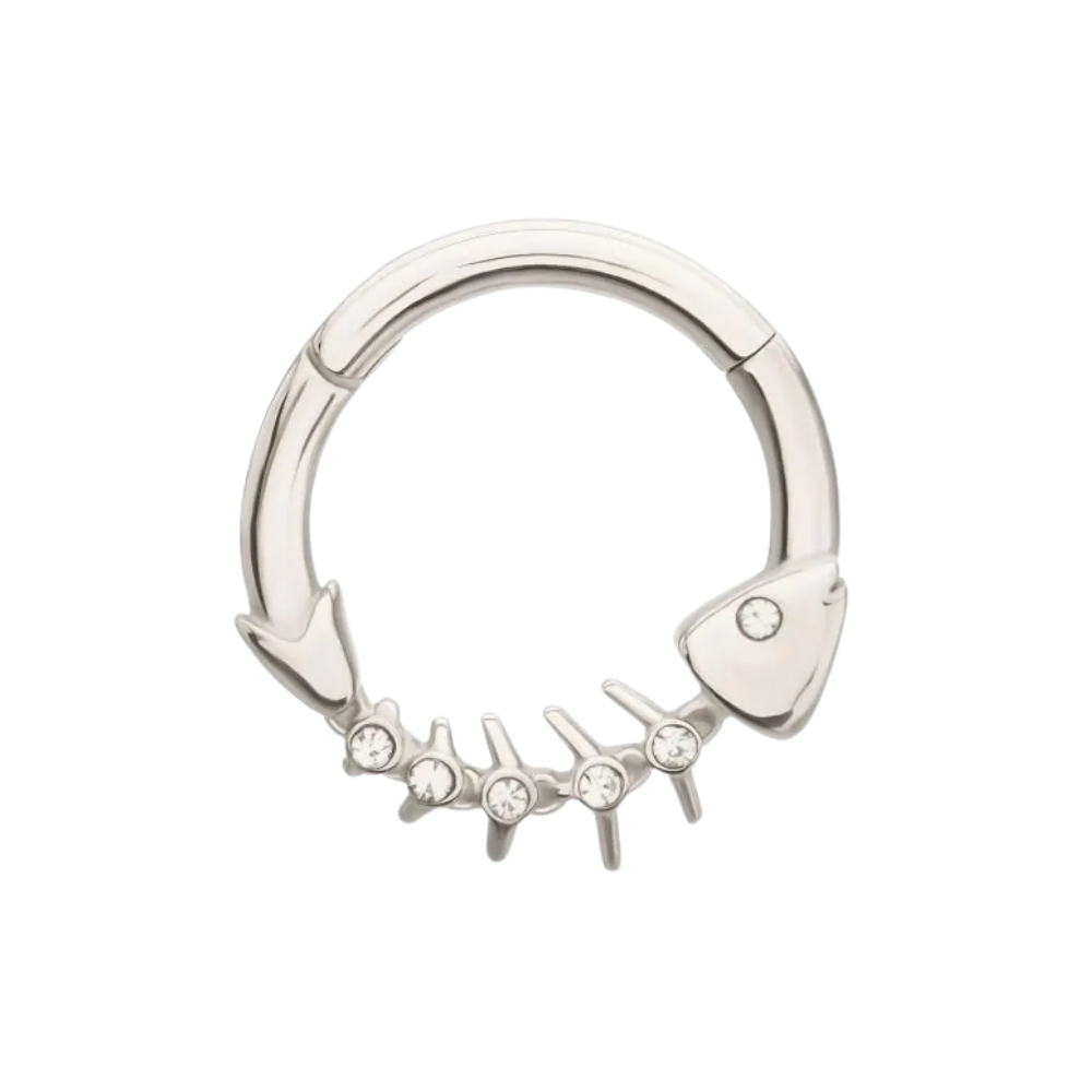 CZ Crystal Lined Fishbone Hinged Segment Clicker Ring - 316L Stainless Steel
